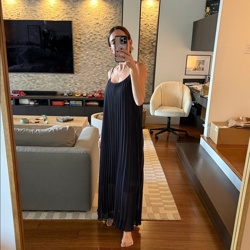 H&M Navy Blue Pleated Maxi Dress Spaghetti Straps